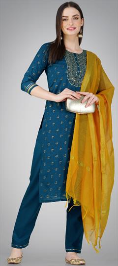 Festive, Party Wear Blue color Salwar Kameez in Cotton fabric with Straight Embroidered, Printed, Sequence, Thread work : 1915411
