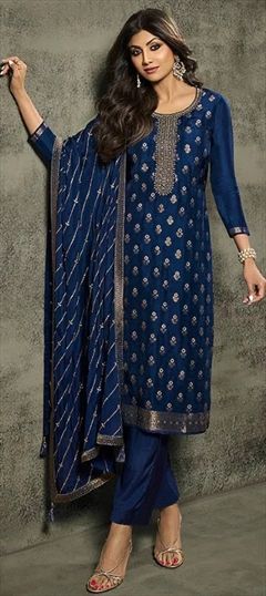 Bollywood Blue color Salwar Kameez in Jacquard fabric with Straight Embroidered, Thread work : 1915424