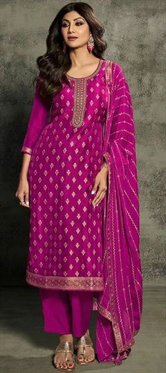 Bollywood Pink and Majenta color Salwar Kameez in Jacquard fabric with Straight Embroidered, Thread work : 1915425