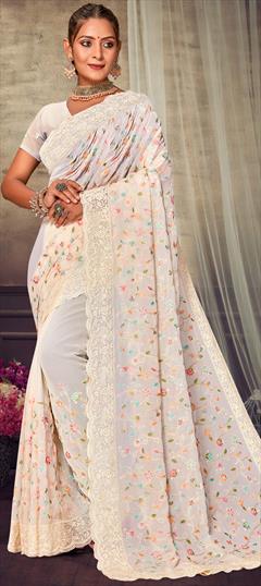 Party Wear, Reception White and Off White color Saree in Georgette fabric with Classic Embroidered, Resham, Thread work : 1915541