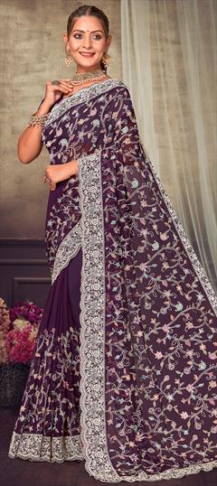Party Wear, Reception Purple and Violet color Saree in Georgette fabric with Classic Embroidered, Resham, Thread work : 1915543