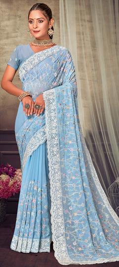 Party Wear, Reception Blue color Saree in Georgette fabric with Classic Embroidered, Resham, Thread work : 1915545