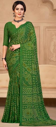 Festive, Reception Green color Saree in Chiffon fabric with Classic, Rajasthani Bandhej, Printed work : 1915550