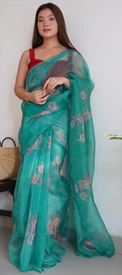 Party Wear, Traditional Blue color Saree in Organza Silk, Silk fabric with Classic Digital Print, Floral, Sequence work : 1915598