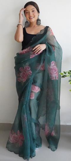 Party Wear, Traditional Green color Saree in Organza Silk, Silk fabric with Classic Digital Print, Floral, Sequence work : 1915601