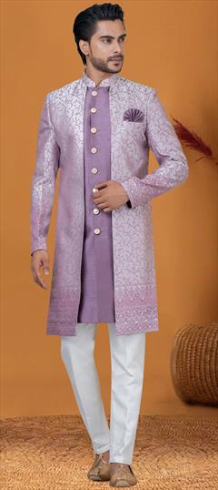 Party Wear Purple and Violet color IndoWestern Dress in Jacquard fabric with Weaving work : 1915613
