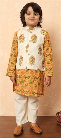 Festive, Summer, Wedding White and Off White, Yellow color Boys Kurta Pyjama with Jacket in Cotton fabric with Printed work : 1915631
