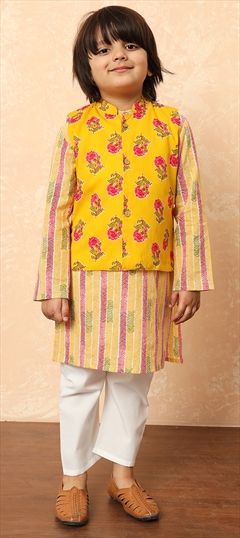 Festive, Summer, Wedding Yellow color Boys Kurta Pyjama with Jacket in Cotton fabric with Floral, Printed work : 1915633