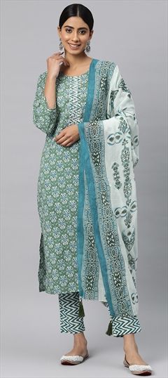Festive, Party Wear, Summer Green color Salwar Kameez in Cotton fabric with Straight Printed, Resham, Thread, Zari work : 1915666