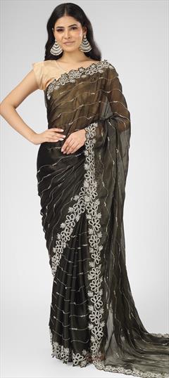 Reception, Wedding Black and Grey color Saree in Chiffon, Silk fabric with Classic Zircon work : 1915696