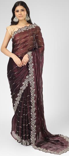 Reception, Wedding Beige and Brown color Saree in Chiffon, Silk fabric with Classic Zircon work : 1915698