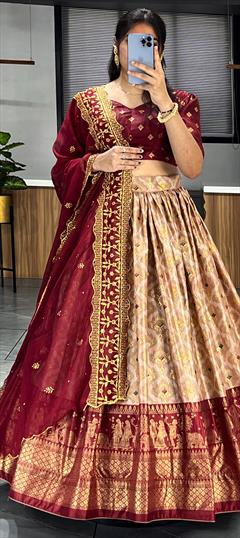 Festive, Reception, Wedding Beige and Brown, Red and Maroon color Lehenga in Dolla Silk fabric with Flared Printed work : 1915706