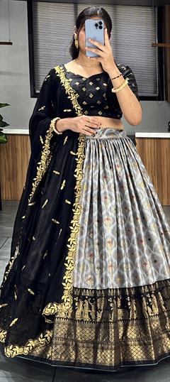 Festive, Reception, Wedding Black and Grey color Lehenga in Dolla Silk fabric with Flared Printed work : 1915707