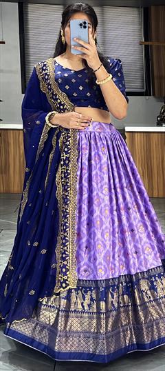 Festive, Reception, Wedding Blue, Purple and Violet color Lehenga in Dolla Silk fabric with Flared Printed work : 1915708