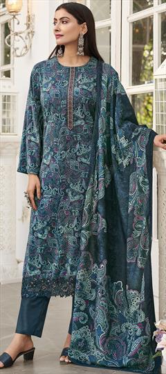 Festive, Party Wear, Reception Blue color Salwar Kameez in Velvet fabric with Pakistani, Straight Digital Print, Resham, Thread work : 1915796