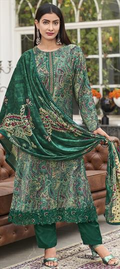 Festive, Party Wear, Reception Green color Salwar Kameez in Velvet fabric with Pakistani, Straight Digital Print, Resham, Thread work : 1915800
