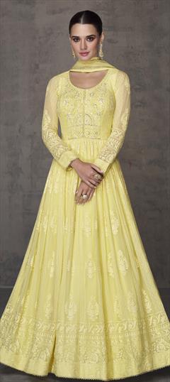 Festive, Party Wear Yellow color Gown in Georgette fabric with Embroidered work : 1915808