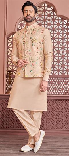 Party Wear Beige and Brown color Kurta Pyjama with Jacket in Art Silk fabric with Broches, Embroidered, Thread work : 1915821