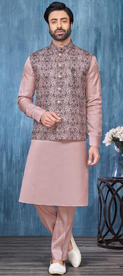 Party Wear Purple and Violet color Kurta Pyjama with Jacket in Art Silk fabric with Broches, Embroidered, Thread work : 1915823