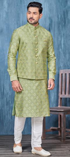 Party Wear Green color Kurta Pyjama with Jacket in Art Silk fabric with Broches, Embroidered, Thread work : 1915825