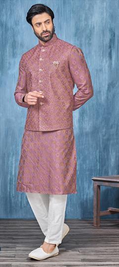 Party Wear Pink and Majenta color Kurta Pyjama with Jacket in Art Silk fabric with Broches, Embroidered, Thread work : 1915828