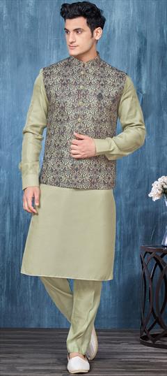 Party Wear Green color Kurta Pyjama with Jacket in Art Silk fabric with Broches, Embroidered, Thread work : 1915829