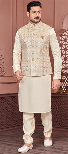 Party Wear Beige and Brown color Kurta Pyjama with Jacket in Art Silk fabric with Broches, Embroidered, Thread work : 1915830