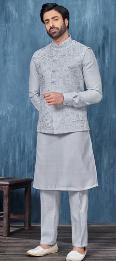 Party Wear Black and Grey color Kurta Pyjama with Jacket in Art Silk fabric with Broches, Embroidered, Thread work : 1915831