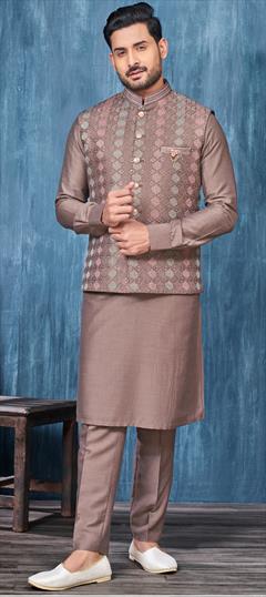 Party Wear Beige and Brown color Kurta Pyjama with Jacket in Art Silk fabric with Broches, Embroidered, Thread work : 1915846