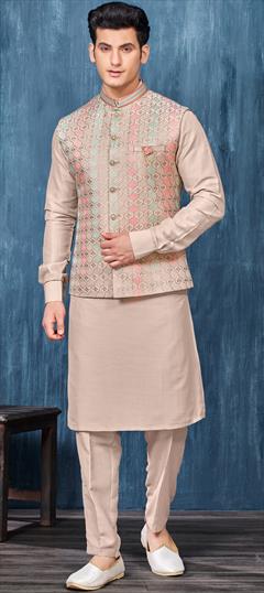 Party Wear Beige and Brown color Kurta Pyjama with Jacket in Art Silk fabric with Broches, Embroidered, Thread work : 1915851