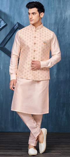 Party Wear Pink and Majenta color Kurta Pyjama with Jacket in Art Silk fabric with Broches, Embroidered, Thread work : 1915855