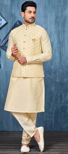 Party Wear Yellow color Kurta Pyjama with Jacket in Art Silk fabric with Broches, Embroidered, Thread work : 1915861