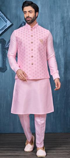 Party Wear Pink and Majenta color Kurta Pyjama with Jacket in Art Silk fabric with Border, Embroidered, Thread work : 1915864