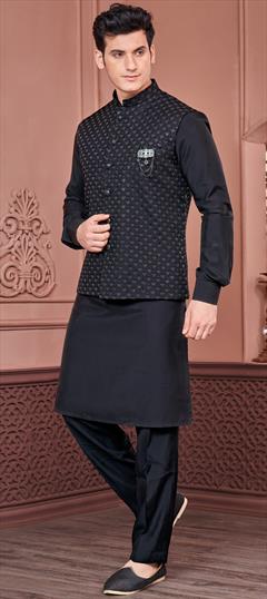 Party Wear Black and Grey color Kurta Pyjama with Jacket in Art Silk fabric with Broches, Embroidered, Thread work : 1915868