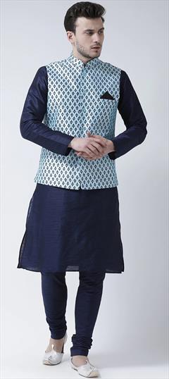 Party Wear Blue color Kurta Pyjama with Jacket in Dupion Silk fabric with Printed work : 1915931