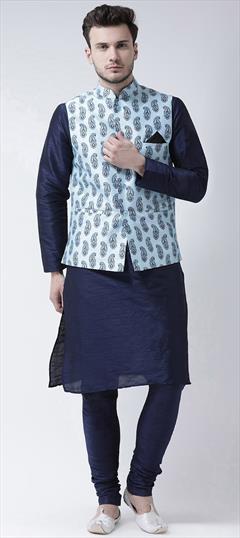 Party Wear Blue color Kurta Pyjama with Jacket in Dupion Silk fabric with Printed work : 1915934