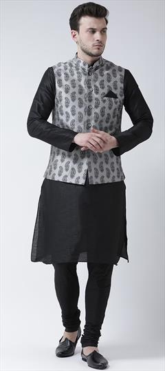 Party Wear Black and Grey color Kurta Pyjama with Jacket in Dupion Silk fabric with Printed work : 1915940