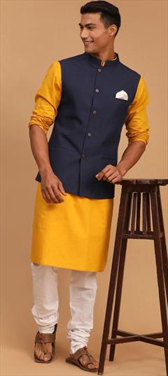 Party Wear Yellow color Kurta Pyjama with Jacket in Cotton fabric with Thread work : 1915941