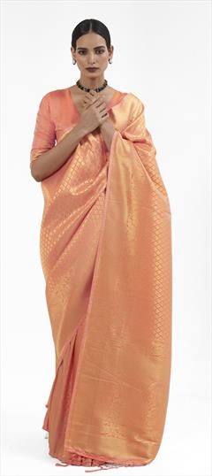 Reception, Traditional, Wedding Gold, Pink and Majenta color Saree in Silk fabric with South Weaving, Zari work : 1915983