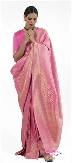 Reception, Traditional, Wedding Gold, Pink and Majenta color Saree in Silk fabric with South Weaving, Zari work : 1915987