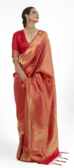 Reception, Traditional, Wedding Gold, Red and Maroon color Saree in Silk fabric with South Weaving, Zari work : 1915988