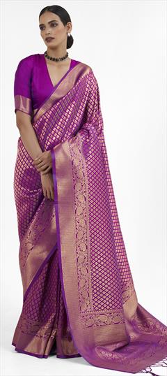 Reception, Traditional, Wedding Gold, Purple and Violet color Saree in Silk fabric with South Weaving, Zari work : 1915996