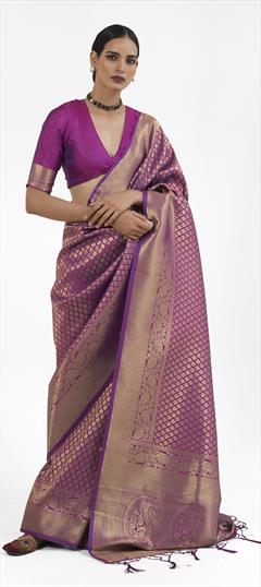 Reception, Traditional, Wedding Gold, Purple and Violet color Saree in Silk fabric with South Weaving, Zari work : 1915998