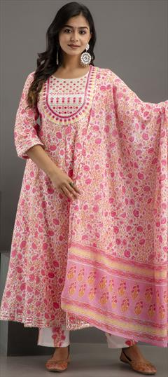 Festive, Party Wear Pink and Majenta color Salwar Kameez in Cotton, Rayon fabric with Straight Digital Print, Embroidered, Lace work : 1916004