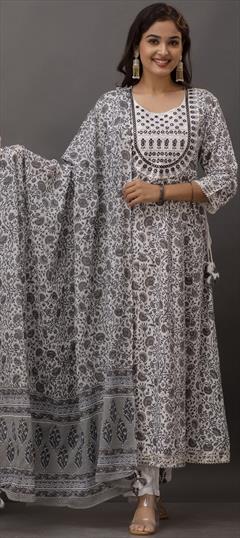 Festive, Party Wear Black and Grey color Salwar Kameez in Cotton, Rayon fabric with Straight Digital Print, Embroidered, Lace work : 1916005