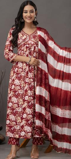 Casual, Festive Pink and Majenta color Salwar Kameez in Cotton, Rayon fabric with Straight Digital Print, Embroidered, Lace work : 1916030