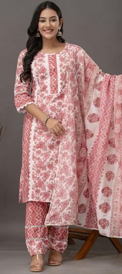 Casual, Festive Pink and Majenta color Salwar Kameez in Cotton, Rayon fabric with Straight Digital Print, Embroidered, Lace work : 1916034