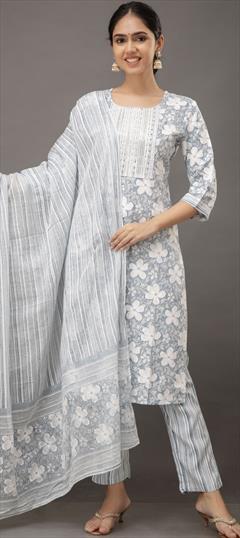 Casual, Festive Black and Grey color Salwar Kameez in Cotton, Rayon fabric with Straight Digital Print, Embroidered, Lace work : 1916054