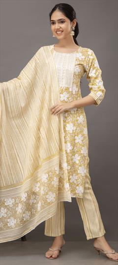 Casual, Festive Yellow color Salwar Kameez in Cotton, Rayon fabric with Straight Digital Print, Embroidered, Lace work : 1916056