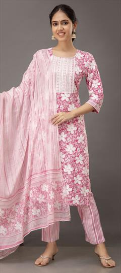 Casual, Festive Pink and Majenta color Salwar Kameez in Cotton, Rayon fabric with Straight Digital Print, Embroidered, Lace work : 1916058